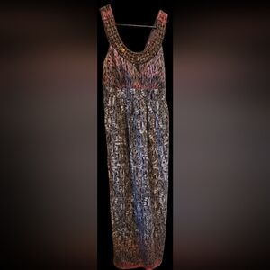 Women's Black, White And Red Sleeveless Scoop Key Hole Gold Jewel Maxi Dress